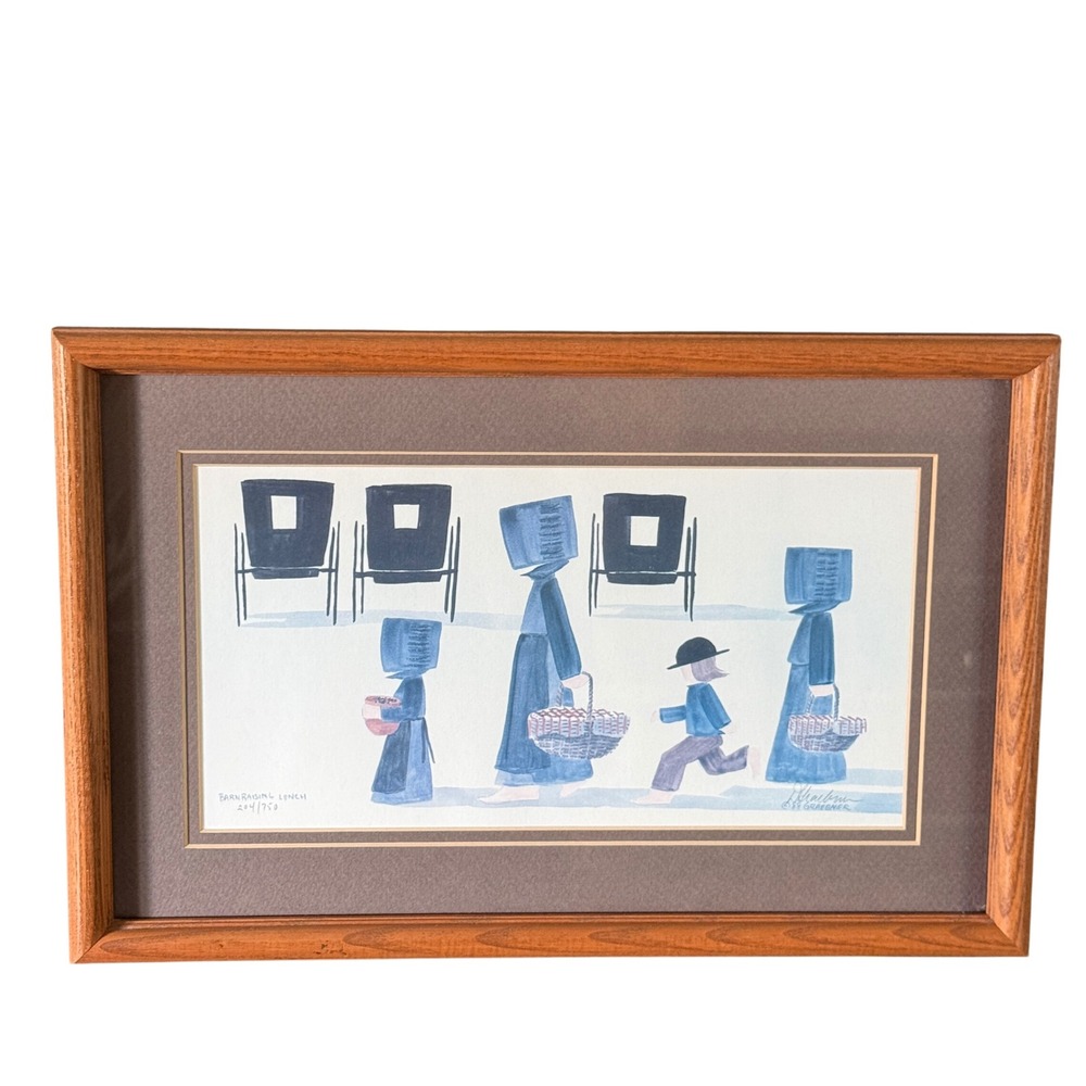 Diane Graebner Framed Print Blue Barn Raising Lunch Amish Folk Art 1988 Signed
